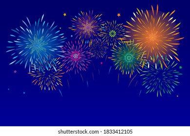 Vector illustration of a festive colorful fireworks display  at night scene for holiday and celebration background design.