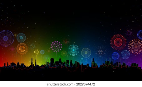 Vector illustration of a festive colorful fireworks display over the night sky color scheme with cityscape scene for holiday and celebration background design.