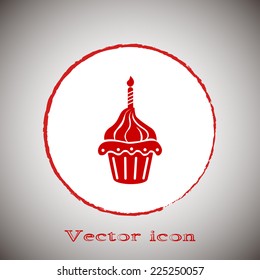  Vector illustration Festive cupcake with candle Red round button on a gray background