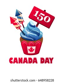 Vector illustration festive cupcake with cream-flag and salute on the day of the celebration of canada isolated