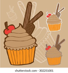 vector illustration. Festive cupcakes with wafer rolls
