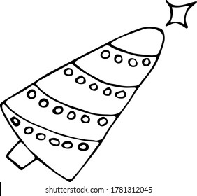 Vector illustration of a festive decorated spruce tree in the Doodle style. Black outline on an isolated white background. Concept of new year holidays, happy new year, merry Christmas. Can be used