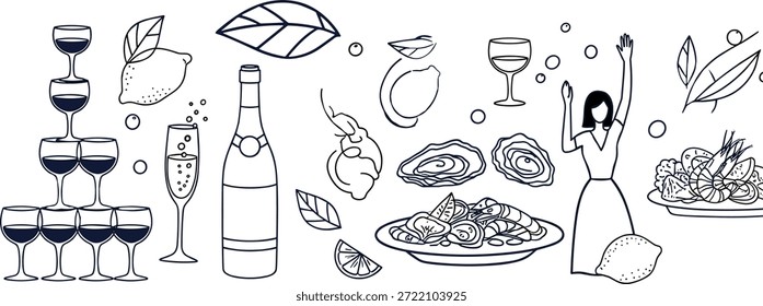 Ilustración vectorial de la escena de cena festiva con champán, mariscos y pastaIlustración vectorial de la escena de cena festiva con champán, mariscos y pasta