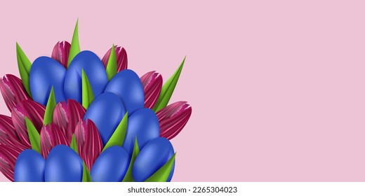 Vector illustration. Festive Easter background with copy space for text. Realistic background with 3d objects, Easter decor: a bouquet of purple tulips, green leaves, blue and purple Easter eggs.