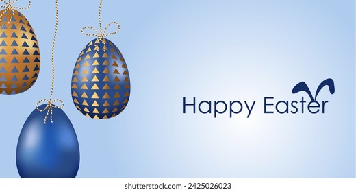 Vector illustration. Festive Easter background with copy space for text. Realistic background with 3D objects, Easter decor: Easter gold and blue eggs, gold confetti, geometric ornament.