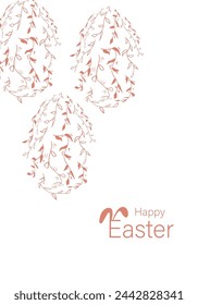 Vector illustration. Festive Easter background with copy space for text. Vertical postcard template with a silhouette Easter eggs, Easter rabbit, Easter decor, floral print.