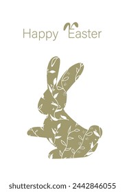 Vector illustration. Festive Easter background with copy space for text. Vertical postcard template with a silhouette Easter eggs, Easter rabbit, Easter decor, floral print.
