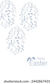 Vector illustration. Festive Easter background with copy space for text. Vertical postcard template with a silhouette Easter eggs, Easter rabbit, Easter decor, floral print.