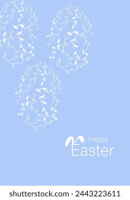 Vector illustration. Festive Easter background with copy space for text. Vertical postcard template with a silhouette Easter eggs, Easter rabbit, Easter decor, floral print.