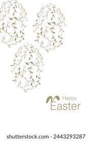 Vector illustration. Festive Easter background with copy space for text. Vertical postcard template with a silhouette Easter eggs, Easter rabbit, Easter decor, floral print.
