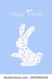Vector illustration. Festive Easter background with copy space for text. Vertical postcard template with a silhouette Easter eggs, Easter rabbit, Easter decor, floral print.