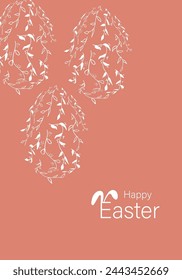 Vector illustration. Festive Easter background with copy space for text. Vertical postcard template with a silhouette Easter eggs, Easter rabbit, Easter decor, floral print.