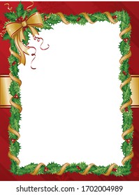 A vector illustration of a festive empty Christmas frame with garland of holly, gold ribbon and red wrapping paper background