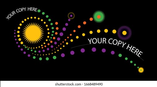 Vector Illustration with a festive explosion of yellow, green, orange, and purple Dots, Swirls and Starbursts with Black Background and areas for type
