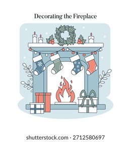 Vector illustration of a festive fireplace decorated with holiday stockings, a wreath, and gifts. The cozy scene captures the warmth and spirit of the winter season.