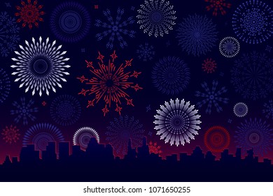 Vector illustration of a festive fireworks display over the city at night scene for holiday and celebration background design.