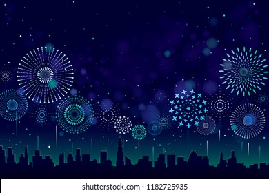 Vector illustration festive fireworks display and bokeh over the city background design 