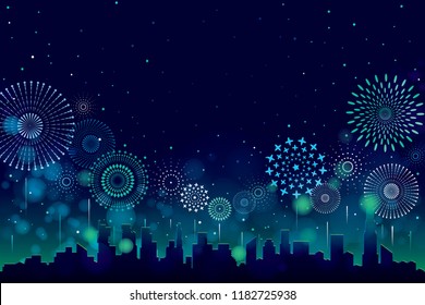 Vector illustration of a festive fireworks display with bokeh over the city background design.