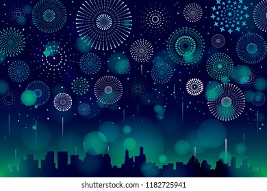 Vector illustration of a festive fireworks display with bokeh over the city background design.