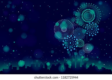 Vector illustration of a festive fireworks display with bokeh over the city background design.