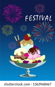 Vector illustration of a festive fireworks display over the city at night scene for holiday and celebration background design. Festival 2019 ice cream