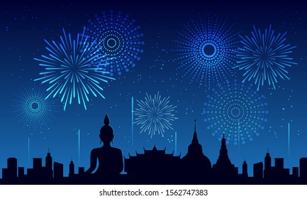 Vector illustration of a festive fireworks display with bokeh over the city temple and Buddha statue background design.