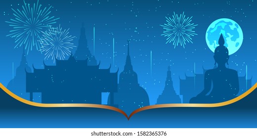 Vector illustration of a festive fireworks display with bokeh over the city temple and Buddha statue background design.