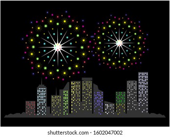 Vector illustration of a festive fireworks display over the city at night scene for holiday and celebration background design.