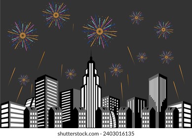 Vector illustration of a festive fireworks display over the city at night scene for holiday and celebration background design.