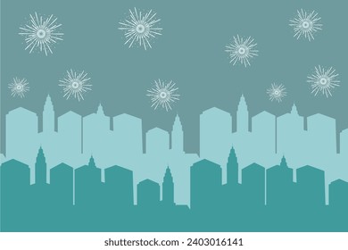 Ilustración vectorial de un espectáculo de fuegos artificiales en la ciudad por la noche para vacaciones y diseño de fondo de celebración.