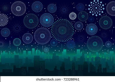 Vector illustration of a festive fireworks display over the city at night scene for holiday and celebration background design.