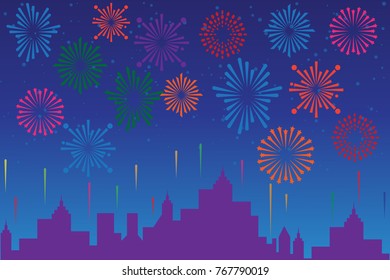 Vector illustration of a festive fireworks display over the city at night scene for holiday and celebration background design.