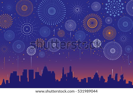 Vector illustration of a festive fireworks display over the city at night scene for holiday and celebration background design.