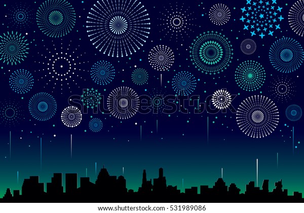 祝祭日や祝賀の背景デザインのために 夜のシーンで市内にお祭りの花火のベクターイラストが飾られます のベクター画像素材 ロイヤリティフリー