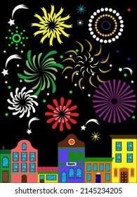 Vector illustration of festive fireworks over the city at night.