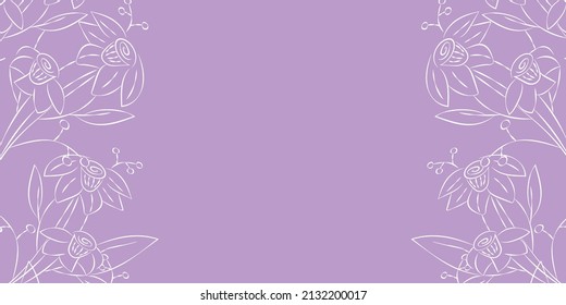 Vector illustration. Festive floral background in lilac tones, copy space for your text. Frame of narcissus flowers in purple. Rustic style horizontal template, hand drawn.