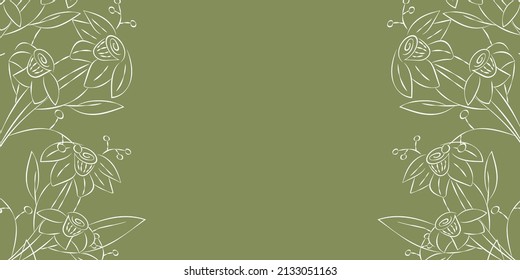 Vektorgrafik. Festlicher floraler Hintergrund in grünen Pastellfarben, Kopienraum für Text. Der Rahmen der grünen Narzissen blüht. Rustikaler Stil handgezeichnet horizontale Vorlage.