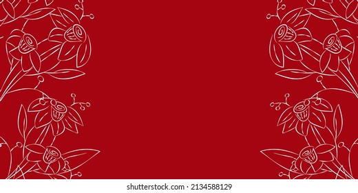 Vector illustration. Festive floral background in red colors, copy space for text. Frame of red narcissus flowers. Rustic style hand drawn horizontal template.