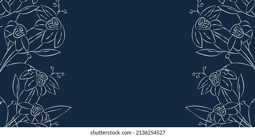 Vector illustration. Festive floral background in blue colors, copy space for text. Frame of dark blue narcissus flowers. Rustic style hand drawn horizontal template.