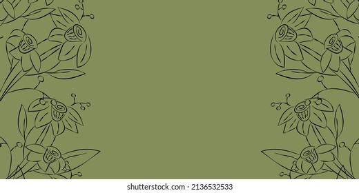 Ilustración vectorial. Fondo floral festivo en tonos pastel verdes, espacio para copiar texto. Marco de flores verdes del narciso. Plantilla horizontal dibujada a mano de estilo rústico.
