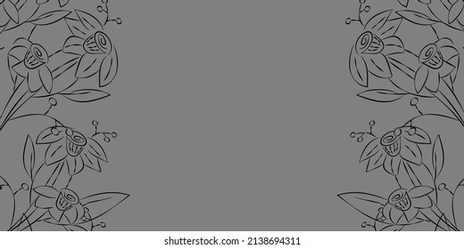 Vector illustration. Festive floral background in gray colors, copy space for text. Frame of gray narcissus flowers. Rustic style hand drawn horizontal template.