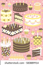 Vector Illustration of Festive and Fun Birthday Cakes