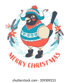 Vector illustration Festive Funny Merry Christmas card with bullfinch bird wearing cap, boots and sweater in front of New Year wreath. Hand drawn doodle style