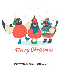 Vector illustration Festive Funny Merry Christmas card with three birds bullfinches wearing hats, boots and sweaters. Hand drawn doodle style