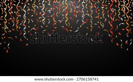 Vector illustration of festive gold, red, and silver curly ribbons and metallic pieces falling on a black background. Template for party invitations, awards, birthdays, and celebrations.