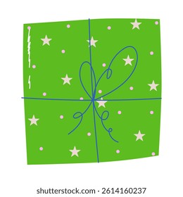 Vector illustration of a festive green gift box with a bow and decorative stars. Perfect for birthday greetings, celebration banners, New Year or Christmas projects