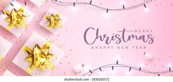 vector illustration. Festive greeting card with New Year and Merry Christmas, banner with gifts, balloons, garland and confetti.