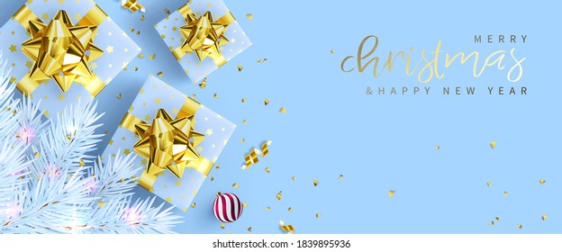 vector illustration. Festive greeting card with New Year and Merry Christmas, banner with gifts, balloons, garland and confetti.