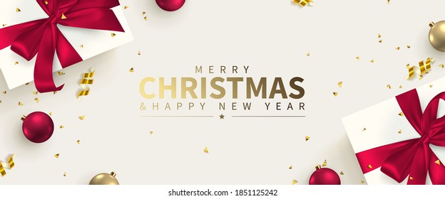 vector illustration. Festive greeting card with New Year and Merry Christmas, banner with gifts, balloons, garland and confetti.