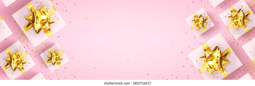 vector illustration. Festive greeting card with New Year and Merry Christmas, banner with gifts, balloons, garland and confetti.
